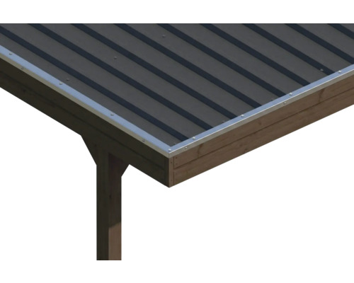 Vue détaillée d'un toit en tôle trapézoïdale avec des profilés de finition argentés et une structure en bois foncé.