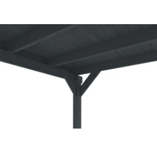 Vue détaillée d'un raccord poteau-traverse en bois avec contrefiches d'un carport gris anthracite.