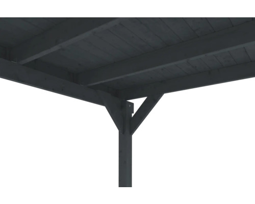 Vue détaillée d'un raccord poteau-traverse en bois avec contrefiches d'un carport gris anthracite.