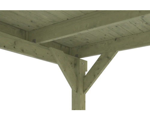 Détail d'une construction en bois avec poteau, poutres horizontales et liens de contreventement soutenant une toiture.