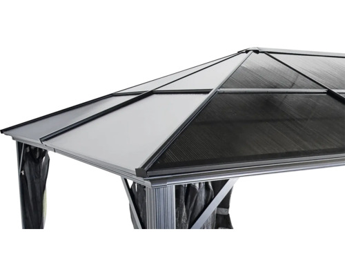 Vue détaillée du toit d'un pavillon avec des rideaux