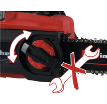 Kettensäge mit Symbolen für werkzeuglosen Kettenwechsel und Werkzeugverbot