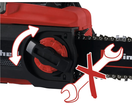 Kettensäge mit Symbolen für werkzeuglosen Kettenwechsel und Werkzeugverbot