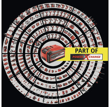 Einhell Power X-Change Akku umgeben von vielen Einhell Werkzeugen