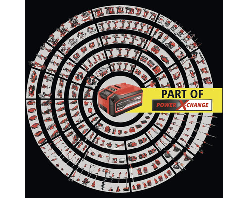 Einhell Power X-Change Akku umgeben von vielen Einhell Werkzeugen