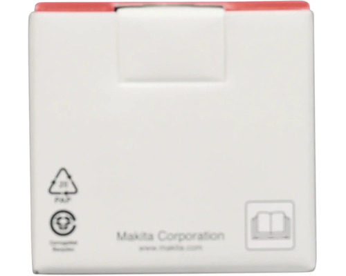 Makita Corporation Logo, symboles de recyclage du papier et instruction de lecture du manuel d'utilisation sur un emballage.