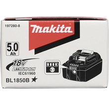 Emballage d'une batterie Lithium-Ion Makita 18 Volt 5,0 Ampères-heures modèle BL1850B avec indicateur de charge et Makita Logo.