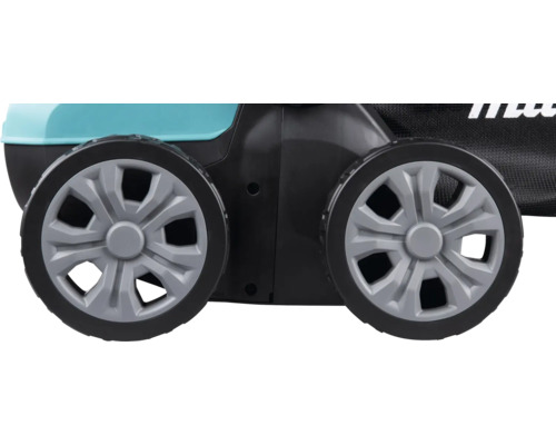 Vue détaillée des roues en plastique d une tondeuse Makita.