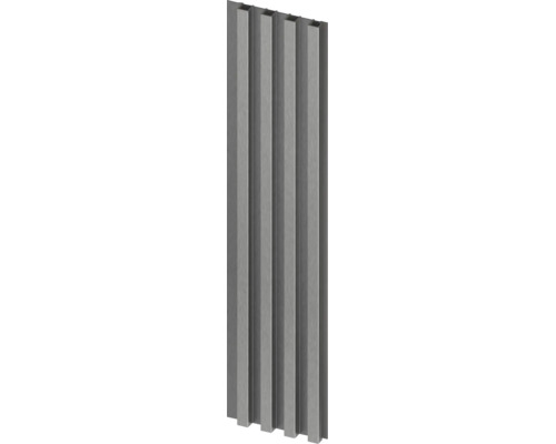 Wandpaneel mit vertikalen Lamellen aus gebürstetem Aluminium.