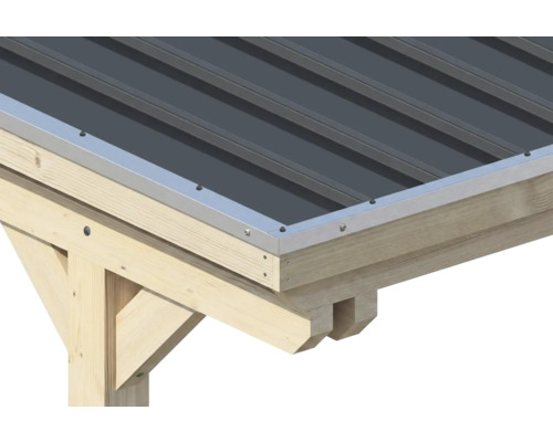Vue détaillée d'une structure de toit en bois avec tôle trapézoïdale et profilé de bordure métallique.