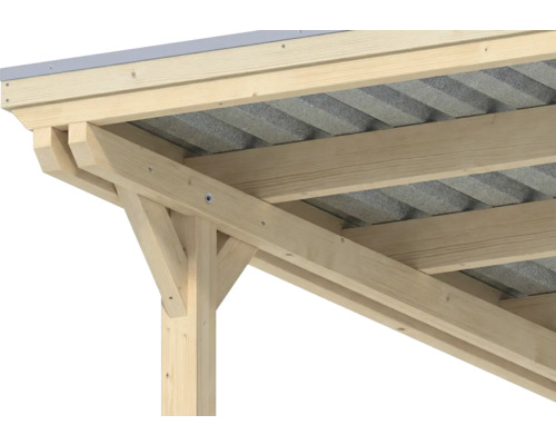 Détail de la structure du toit d'un abri de voiture en bois de conifère clair avec des plaques ondulées et des vis apparentes.