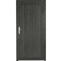 Porte de jardin en bois gris foncé avec lattes verticales et poignée de porte argentée.