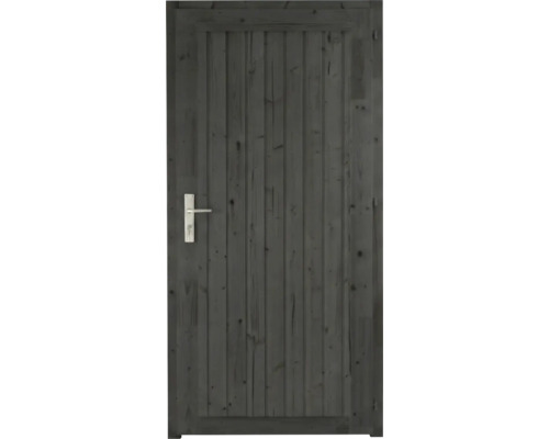 Porte de jardin en bois gris foncé avec lattes verticales et poignée de porte argentée.