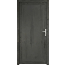 Porte intérieure en bois sombre avec veinure apparente, cadre et poignée argentée.