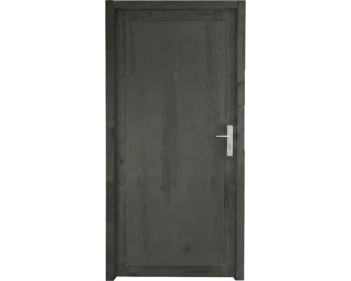 Porte intérieure en bois sombre avec veinure apparente, cadre et poignée argentée.