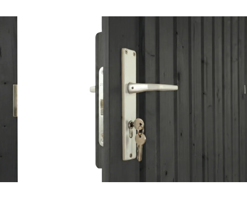 Poignée de porte argentée avec plaque longue et clé sur une porte en bois foncé avec lattes verticales.