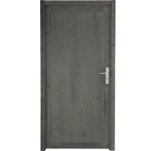 Porte d'intérieur en bois gris avec veinure apparente cadre assorti et poignée argentée.