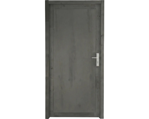 Porte d'intérieur en bois gris avec veinure apparente cadre assorti et poignée argentée.