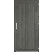 Porte en bois gris foncé avec panneaux verticaux et poignée argentée.