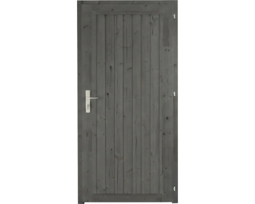 Porte en bois gris foncé avec panneaux verticaux et poignée argentée.