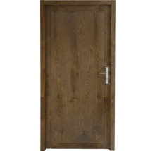 Porte d'intérieur en bois massif, teintée marron foncé, avec chambranle et poignée en métal.