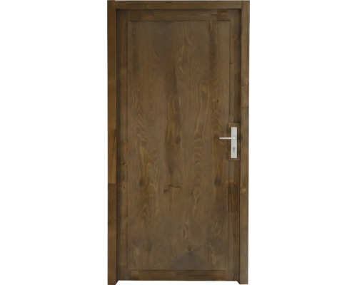 Porte d'intérieur en bois massif, teintée marron foncé, avec chambranle et poignée en métal.