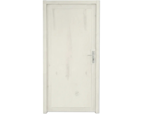 Porte d'intérieur blanche en bois avec veinage apparent, comprenant l'encadrement et une poignée argentée.