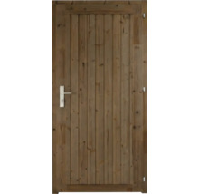 Porte en bois avec lattes verticales, poignée en métal et serrure.