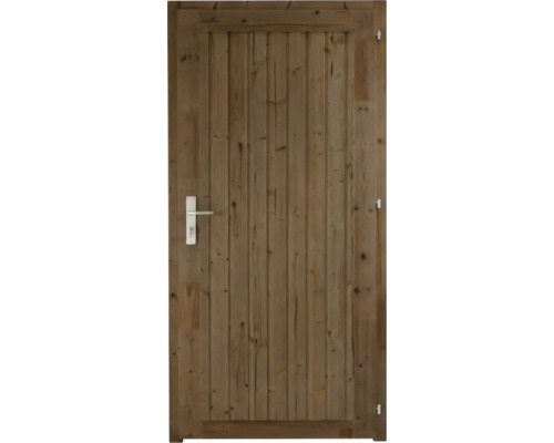 Porte en bois avec lattes verticales, poignée en métal et serrure.