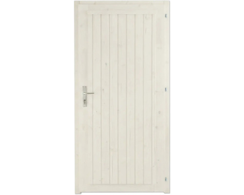 Porte de service blanche en bois lasuré avec panneaux verticaux et garniture de poignée