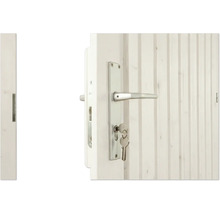 Porte en bois blanche avec poignée de porte argentée et clé.