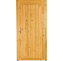 Porte de cabane de jardin en bois avec lattes verticales et poignée de porte en métal.