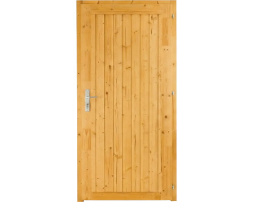 Porte de cabane de jardin en bois avec lattes verticales et poignée de porte en métal.