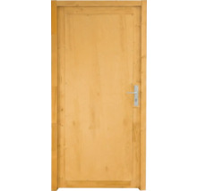 Porte d'intérieur en bois massif clair avec huisserie et poignée argentée.