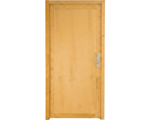 Porte d'intérieur en bois massif clair avec huisserie et poignée argentée.