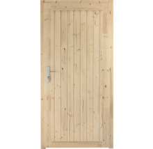 Porte d'intérieur en bois naturel clair avec motif à lattes verticales, poignée de porte argentée et clé.