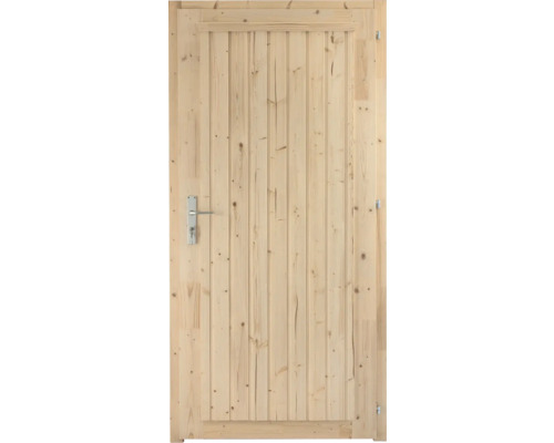 Porte d'intérieur en bois naturel clair avec motif à lattes verticales, poignée de porte argentée et clé.