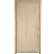 Porte en bois avec huisserie, garniture de poignée et serrure incluses, en bois naturel clair.