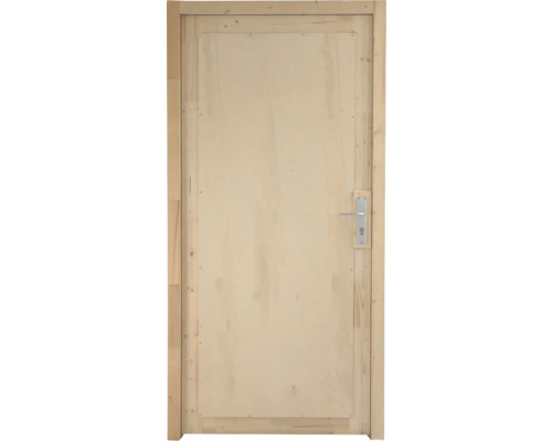 Porte en bois avec huisserie, garniture de poignée et serrure incluses, en bois naturel clair.