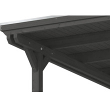 Vue détaillée d'une construction de toit en bois anthracite avec des poutres et des poteaux pour un abri de voiture ou une toiture de terrasse.