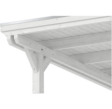 Détail d une structure de terrasse en bois avec poteau, poutre et jambes de force.