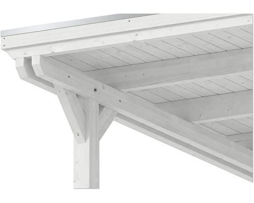 Détail d une structure de terrasse en bois avec poteau, poutre et jambes de force.