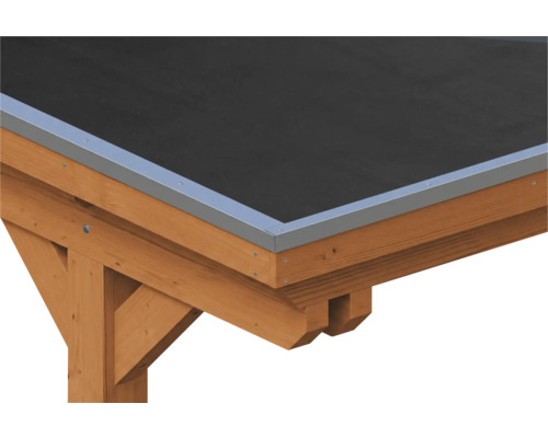 Détail d angle d une structure de toit en bois avec revêtement de toiture noir et profilé de rive en métal argenté.