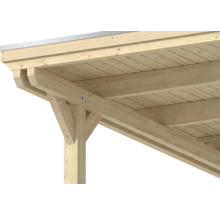 Détail d'une structure de toit en bois avec poteau, poutre et voligeage pour un abri.