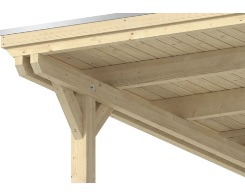 Détail d'une structure de toit en bois avec poteau, poutre et voligeage pour un abri.