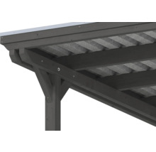 Gros plan d une structure de toit en bois gris anthracite pour abri de voiture ou terrasse avec poteaux, poutres et couverture.