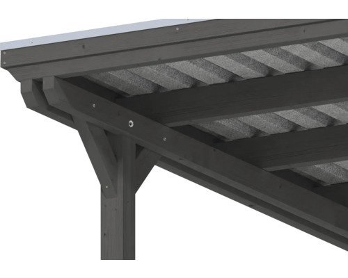 Gros plan d une structure de toit en bois gris anthracite pour abri de voiture ou terrasse avec poteaux, poutres et couverture.