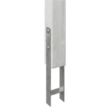 Support de poteau en U en acier galvanisé fixé à un poteau en bois par des boulons.