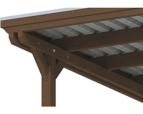 Vue détaillée d une construction de carport en bois avec poteau de soutien, poutres transversales et toit en plaques ondulées.