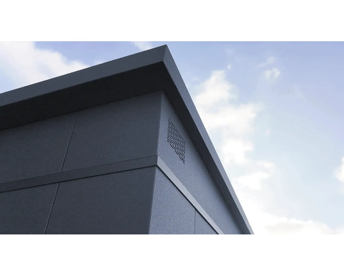 Vue détaillée d'un abri de jardin avec revêtement de façade et ventilation